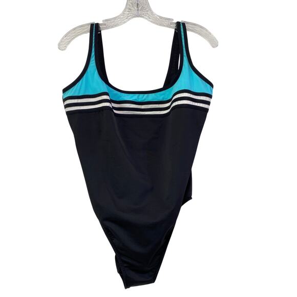 Miraclesuit Vintage 90s One Piece Swimsuit Size 16 Black Blue White Striped Pool - Picture 1 of 10